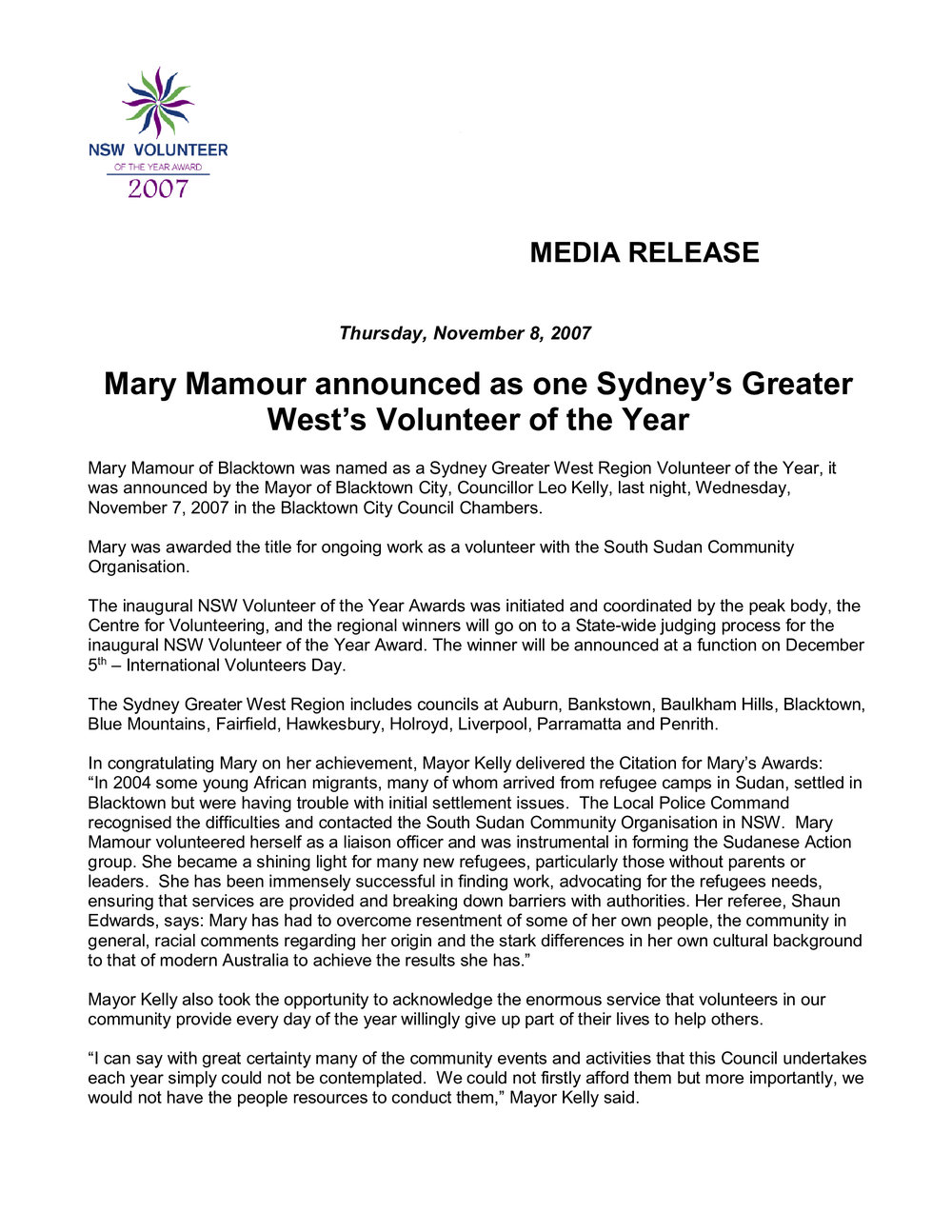 Mary Mamour, Sydney Greater West Volunteer of the Year, 2007