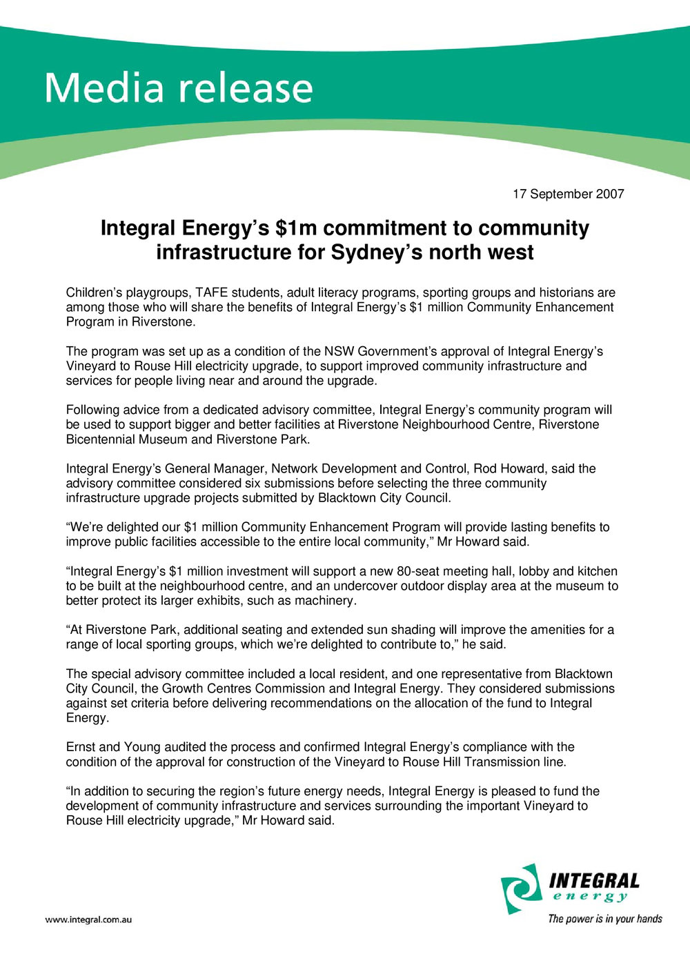 Community Enhancement Program, Integral Energy, 2007