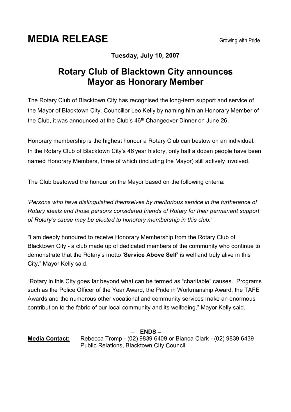 Leo Kelly, Honorary Member, Blacktown City Rotary Club,  2007