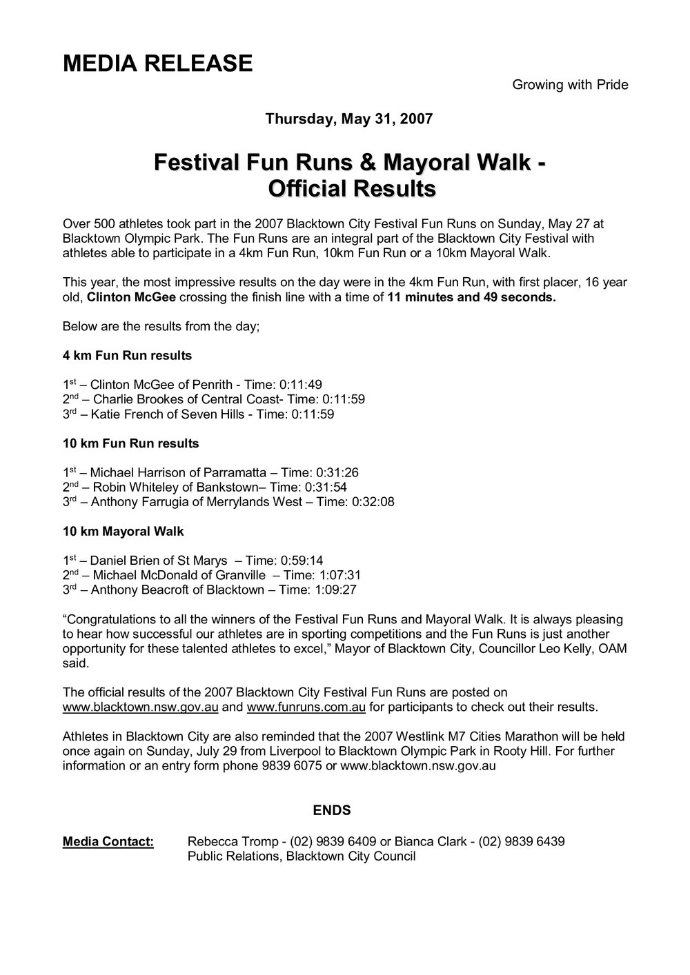 Blacktown City Festival Fun Runs, 2007