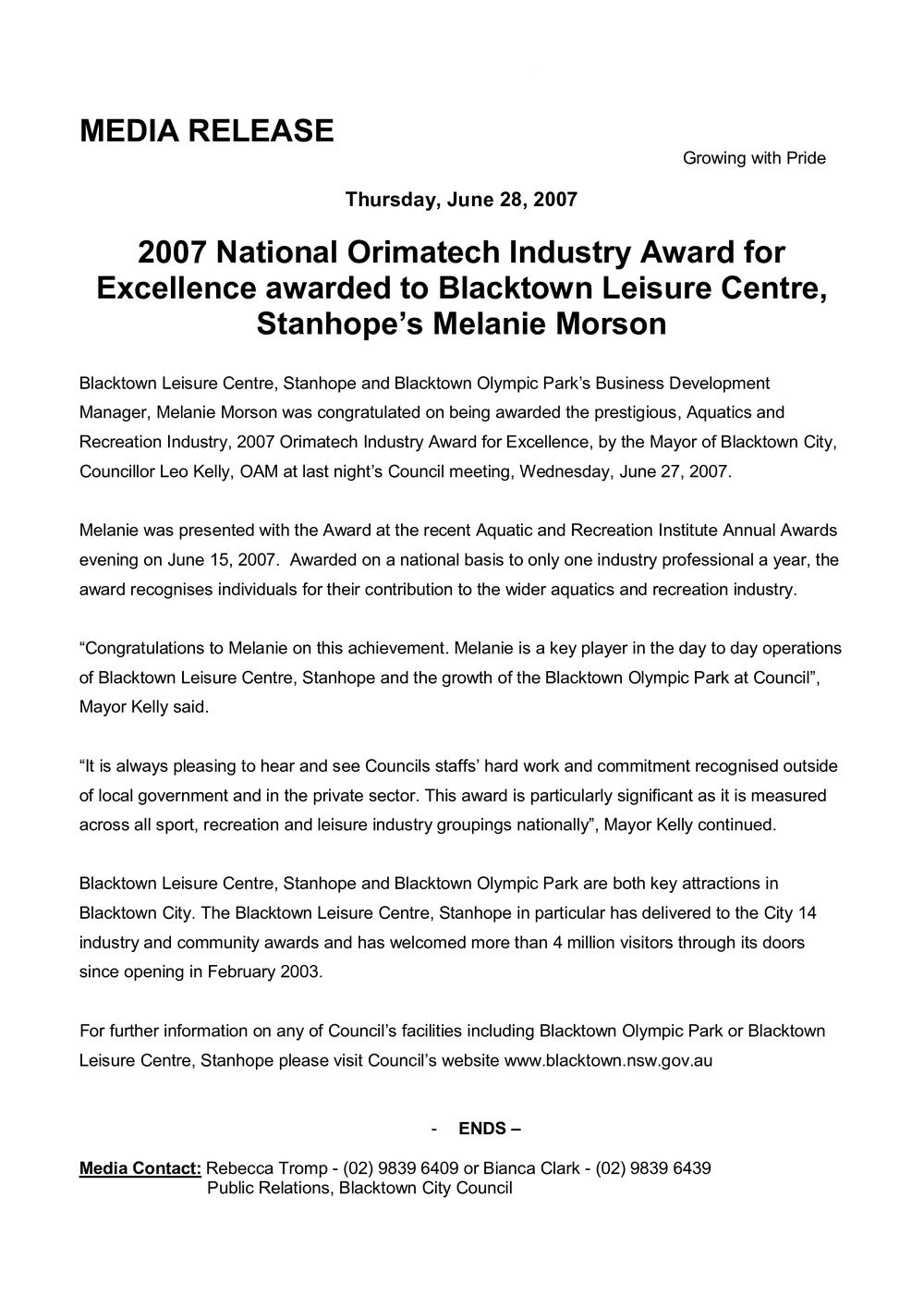 Orimatech Industry Award Stanhope Leisure Centre, 2007