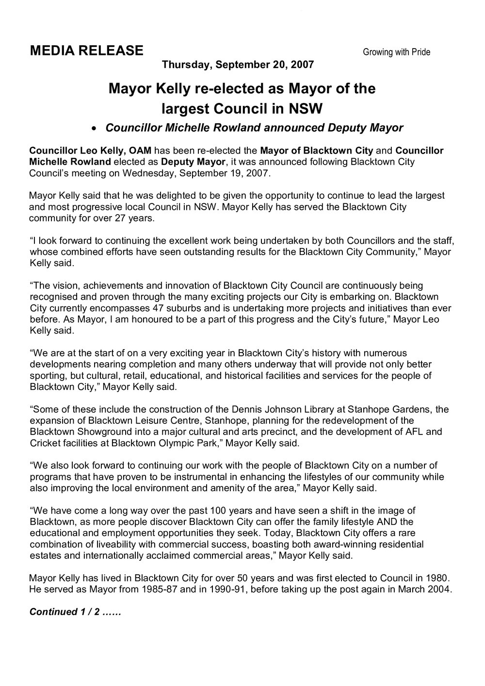 Re-election of Mayor Leo Kelly OAM, 2007