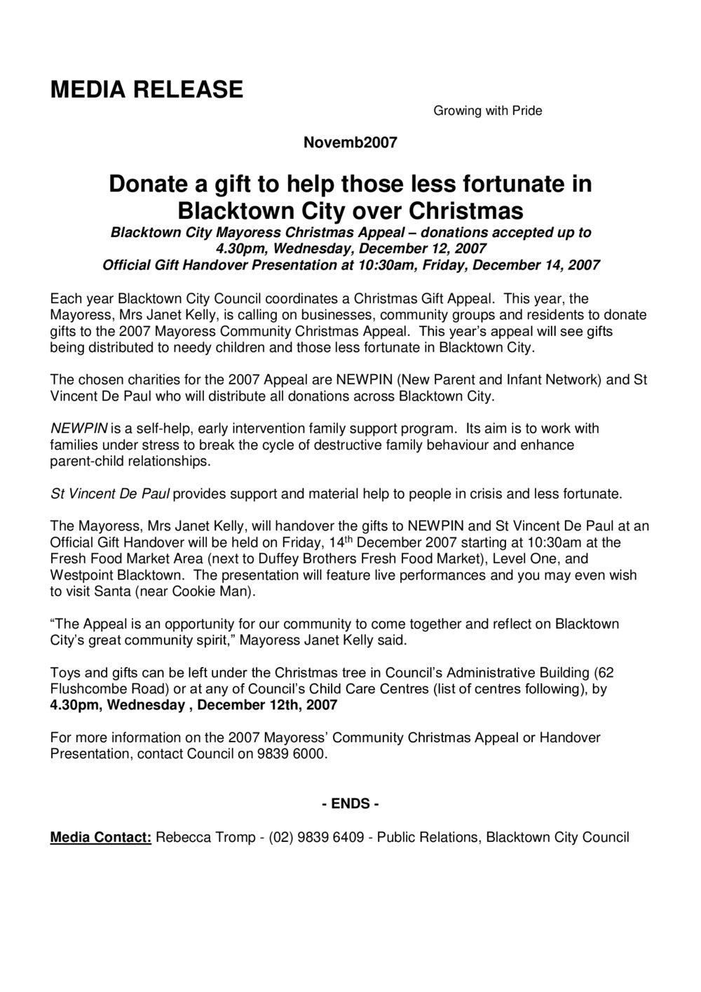 Blacktown City Mayoress Christmas Appeal, 2007
