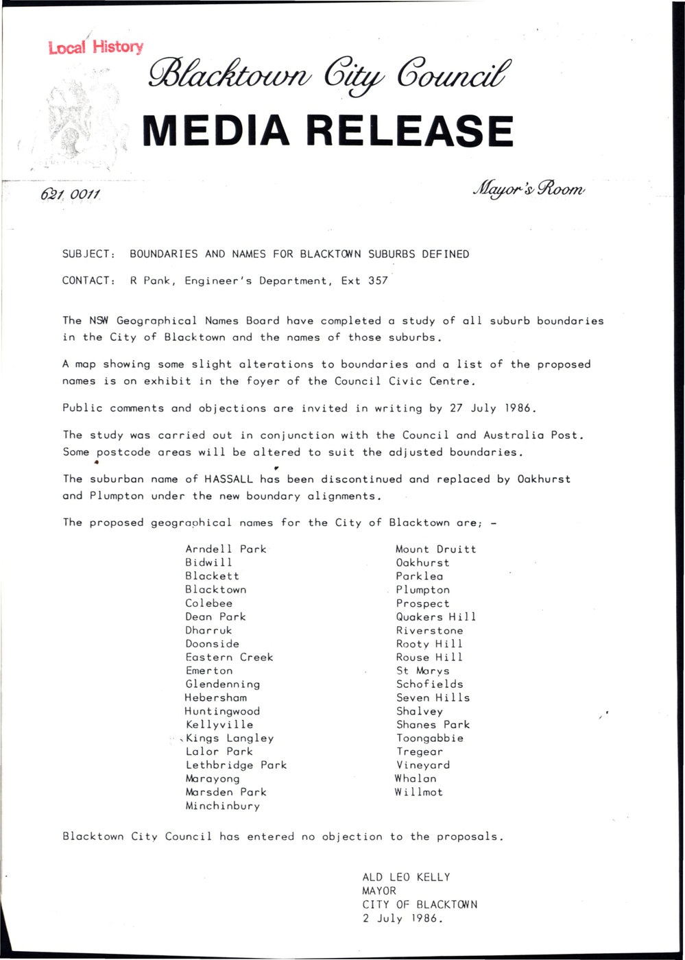 Media release - Boundaries and suburb names 1986