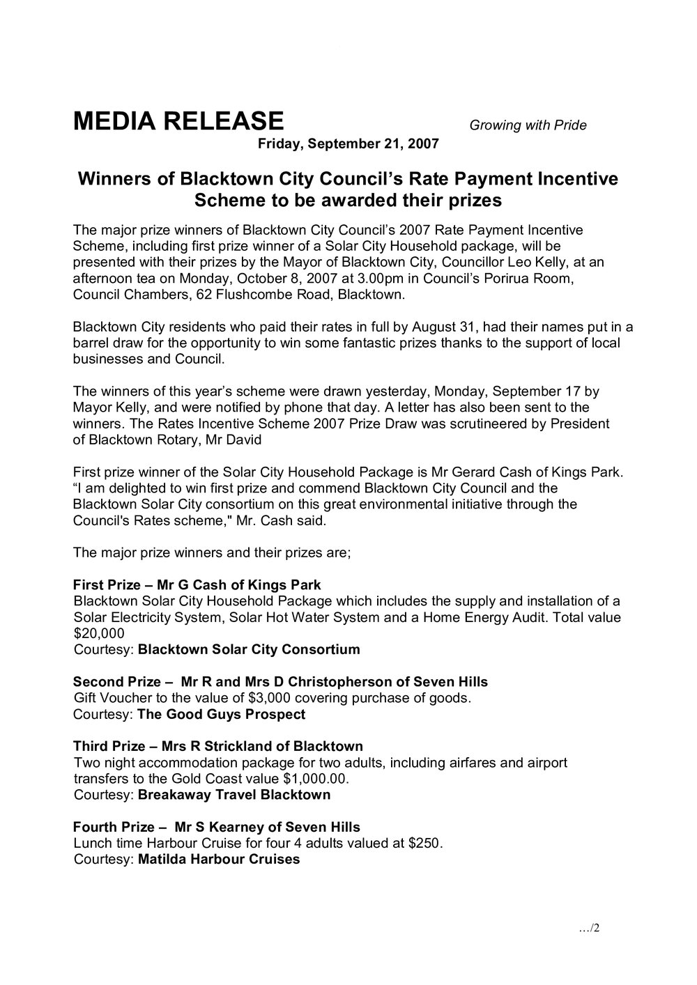 Blacktown City Council Rates Incentive Winners, 2007