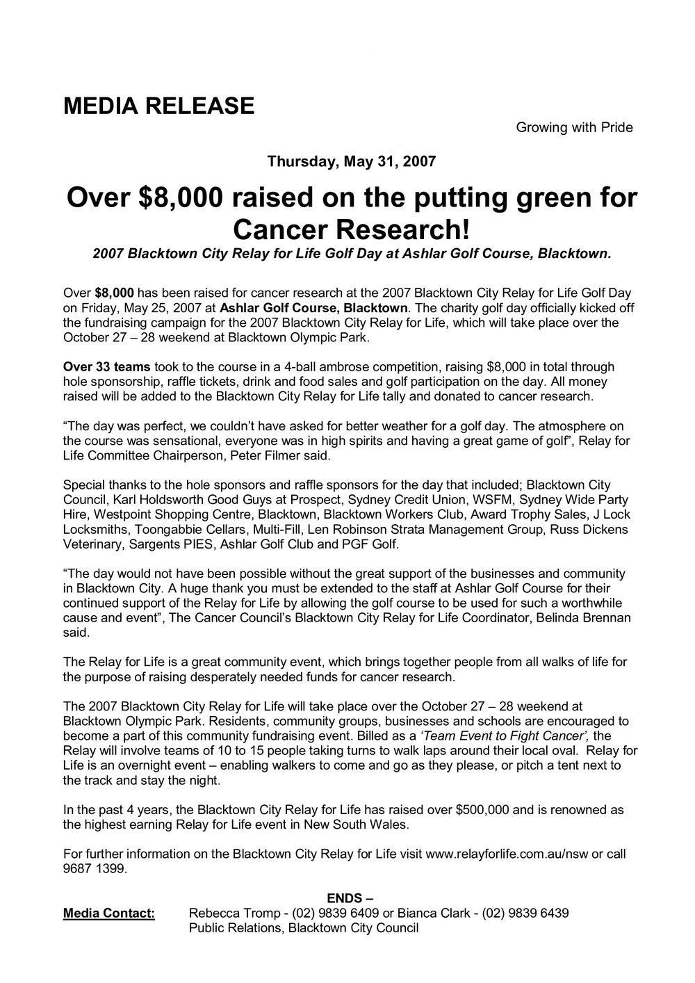 Relay for Life Golf Day, Ashlar Golf Course Blacktown, 2007