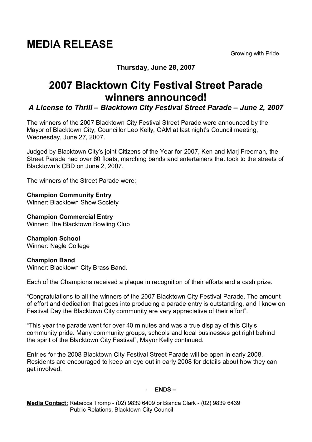 Blacktown City Festival Parade Winners, 2007