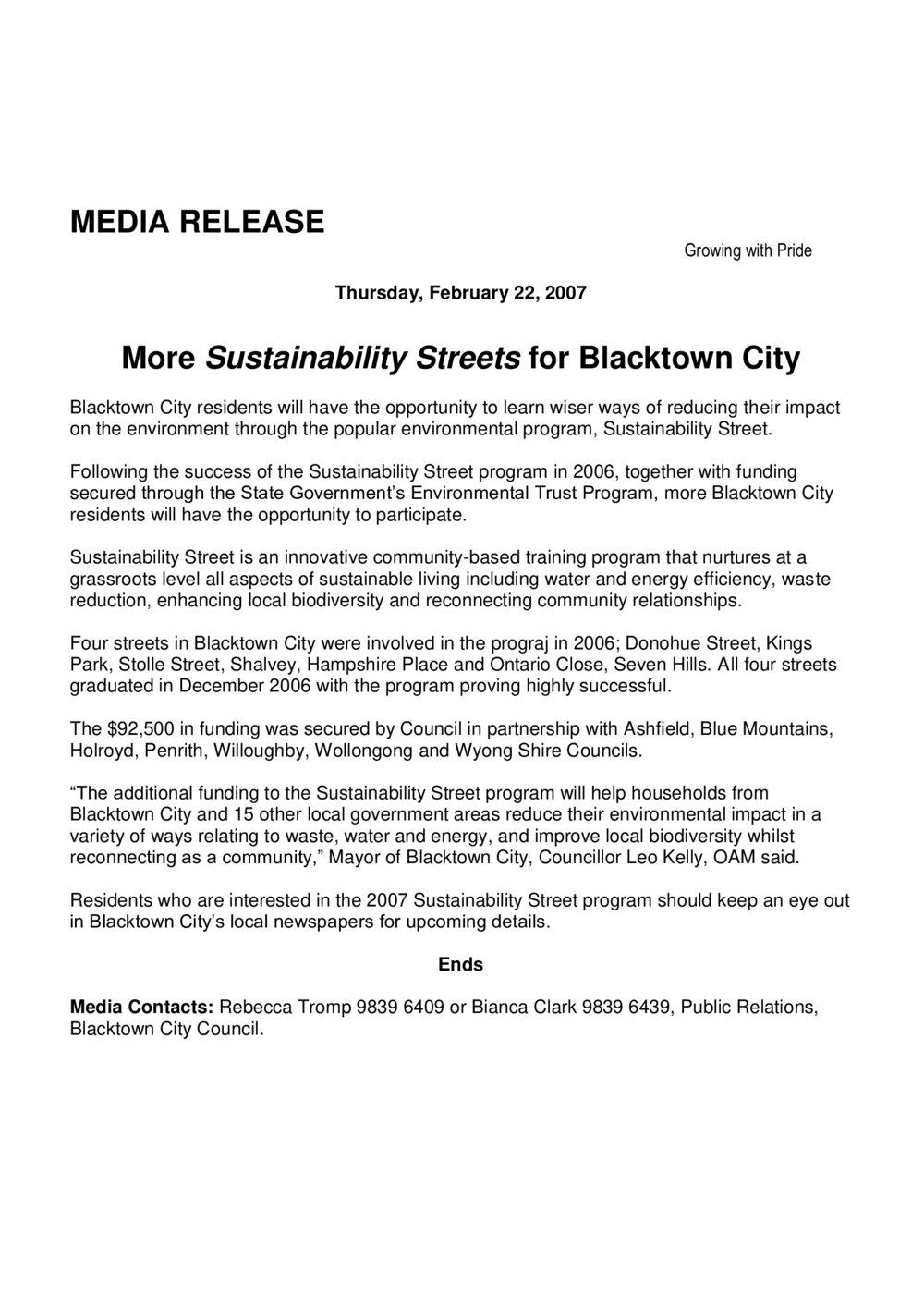 Sustainability Street Program, 2007