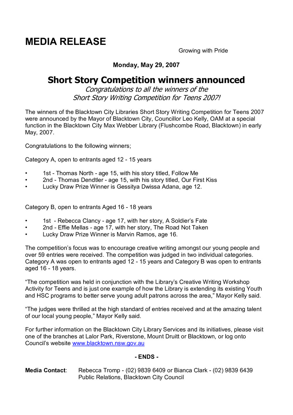 Blacktown City Libraries Short Story Writing Competition, 2007