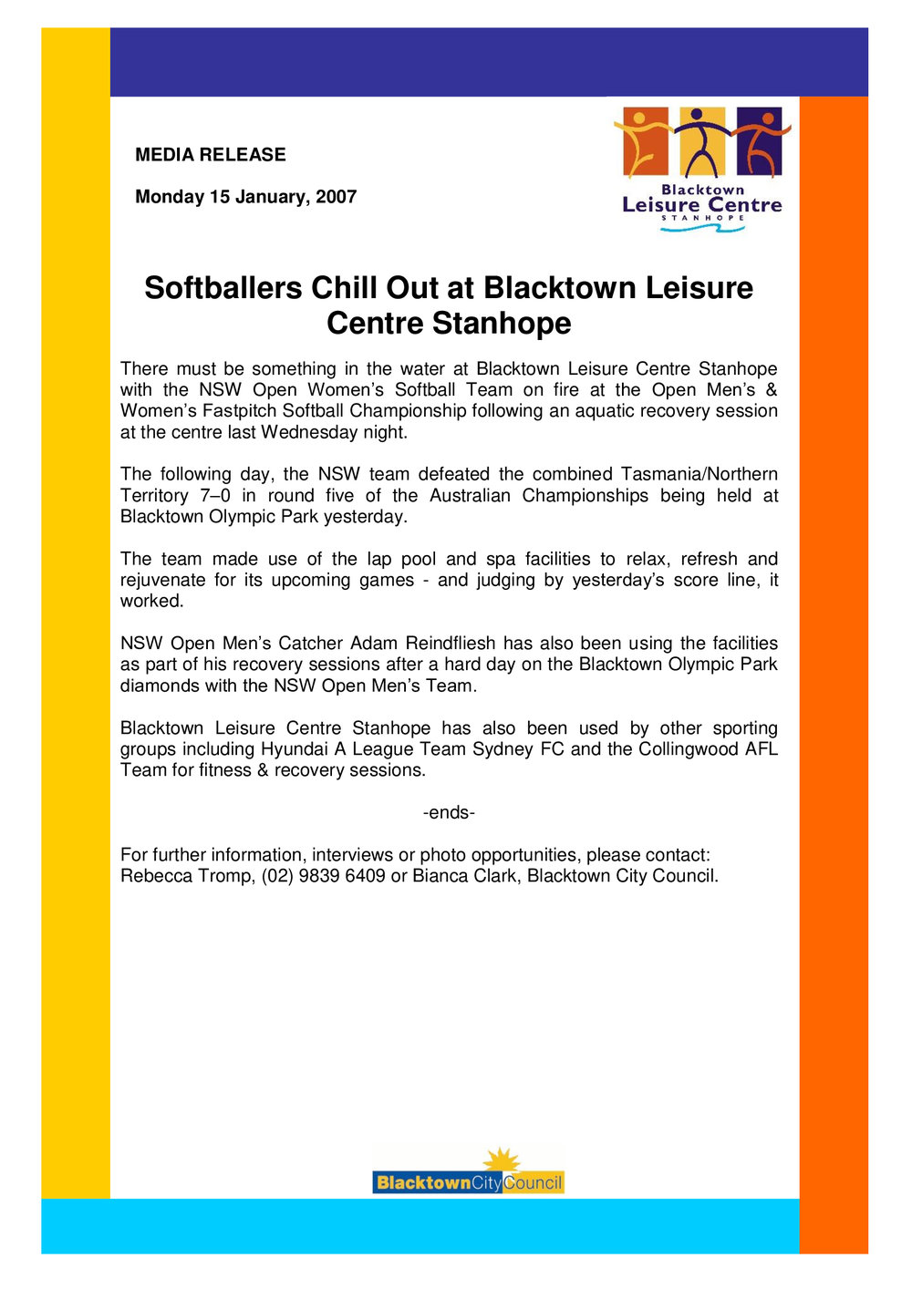 Softballers at Blacktown Leisure Centre, Stanhope