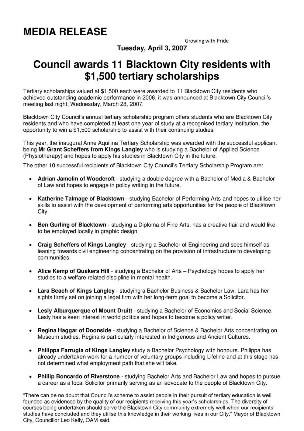 Tertiary Scholarships, 2007