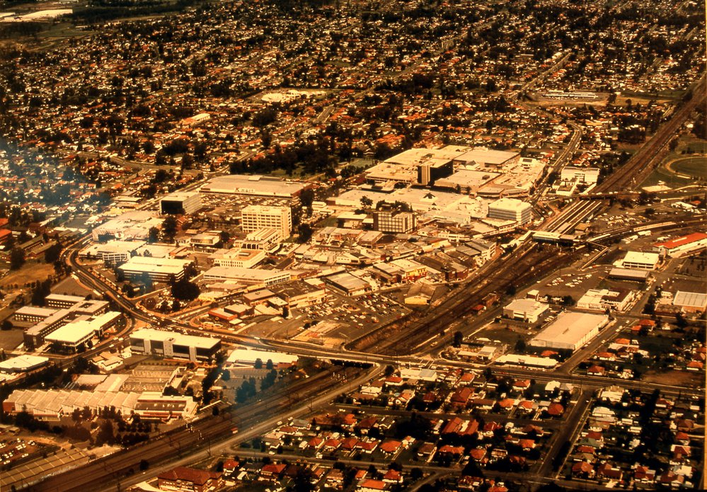 Aerial view of Blacktown CBD, c1980