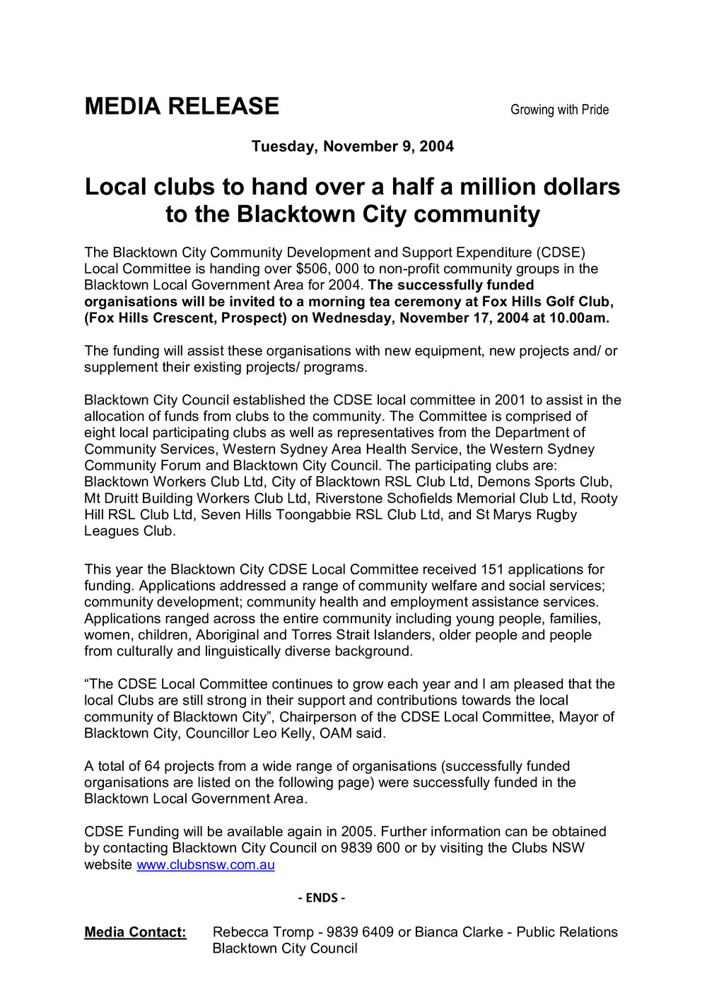 Local Clubs to Hand Over a Half a Million Dollars to the Blacktown Community, 2004