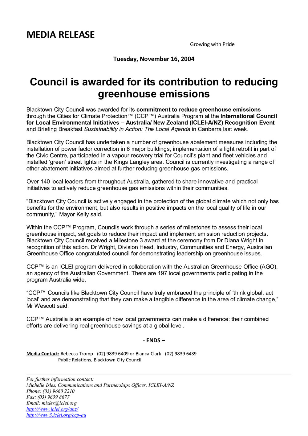 Cities for Climate Protection Award, 2004