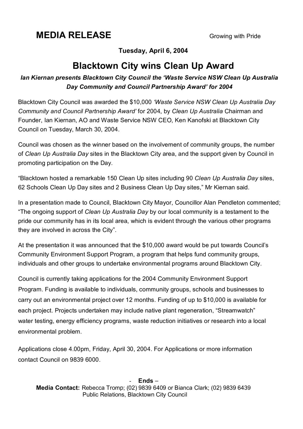 Blacktown City wins Clean Up Award, 2004