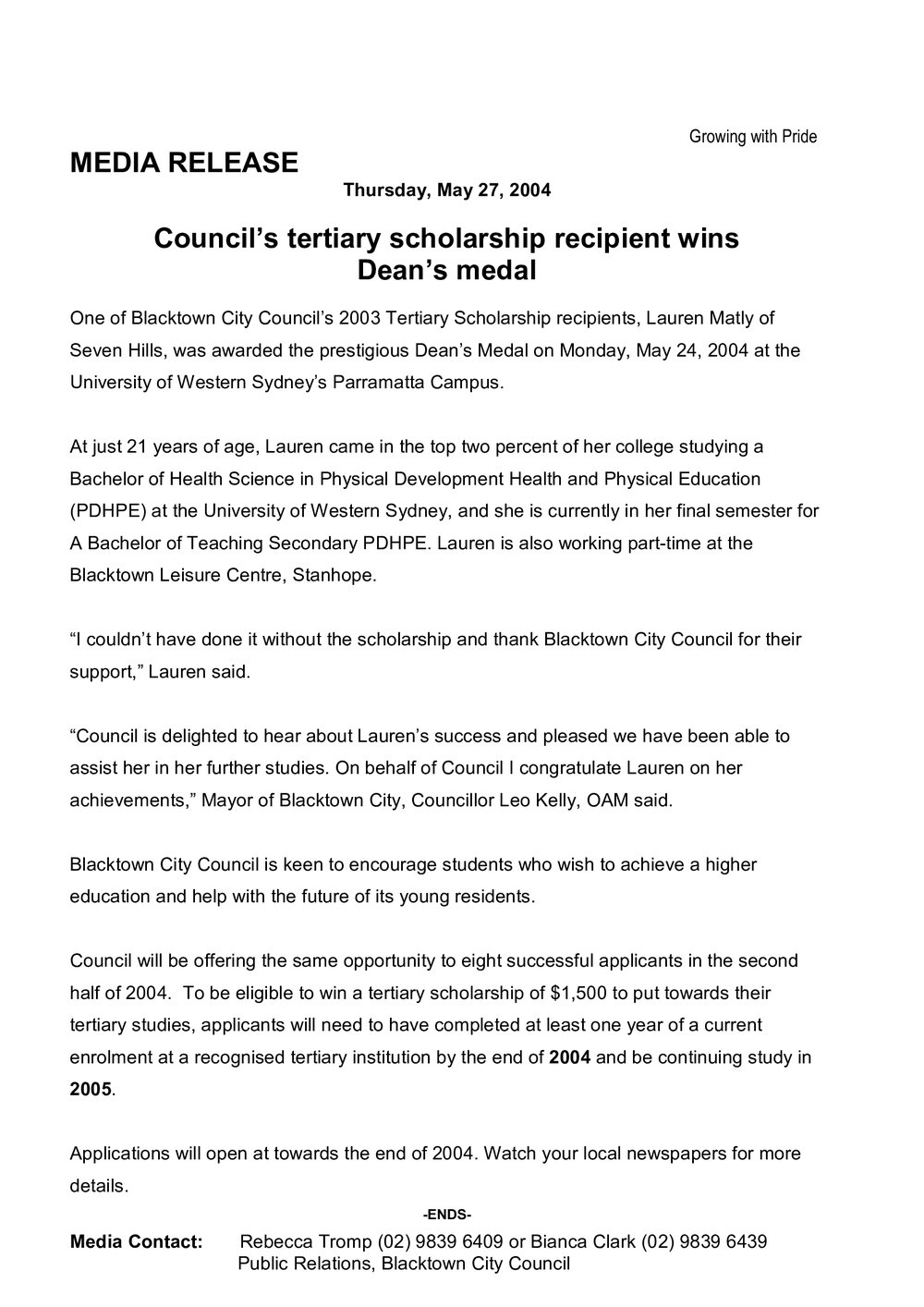 Council's Tertiary Scholarship Recipient Wins Dean's Medal, 2004