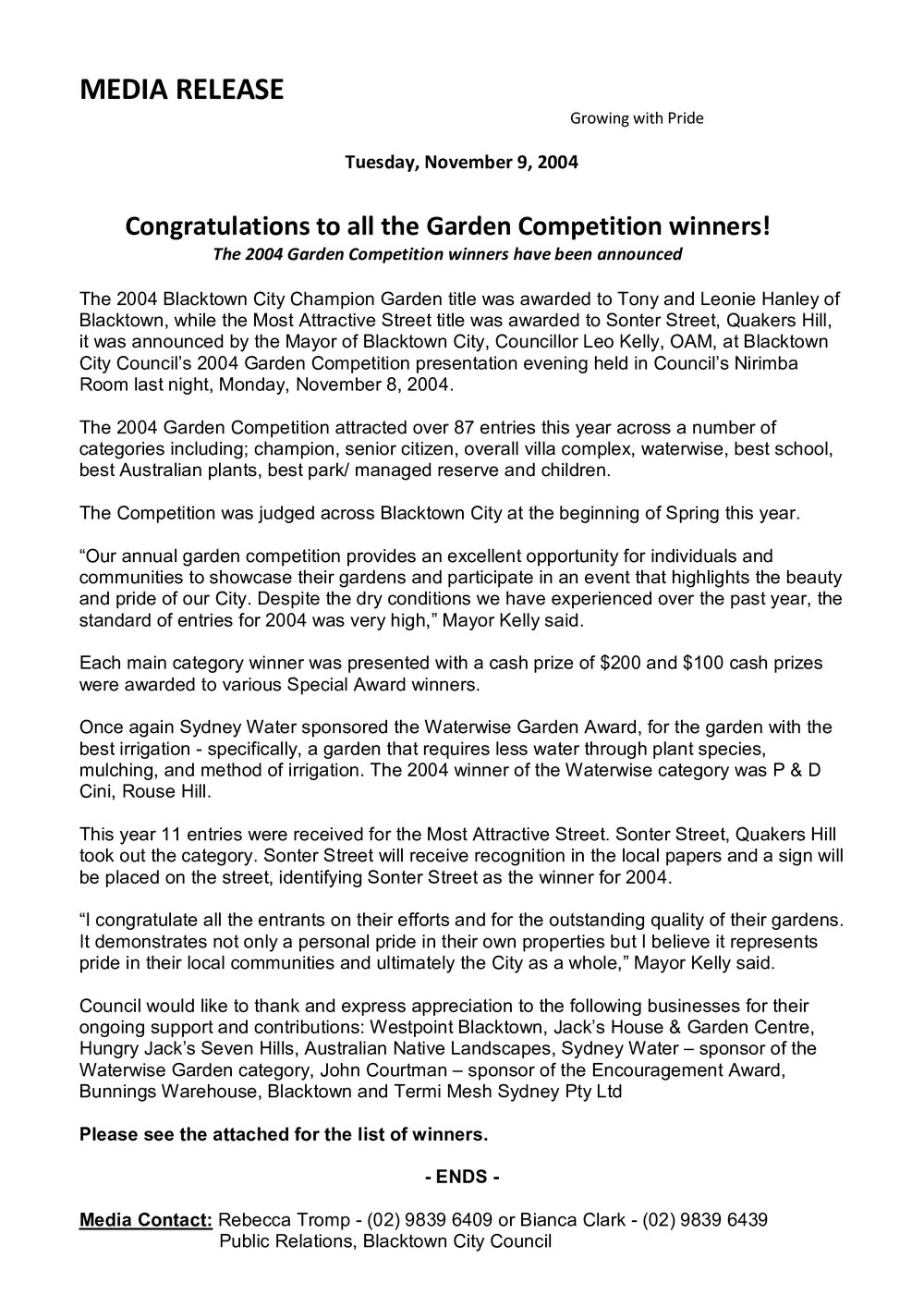 Blacktown City Council Garden Competition winners, 2004