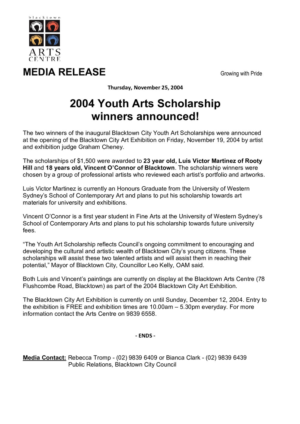 Blacktown Arts Centre Youth Art Scholarship, 2004