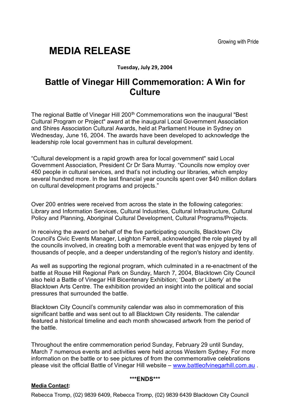 Battle of Vinegar Hill Commemoration Award, 2004