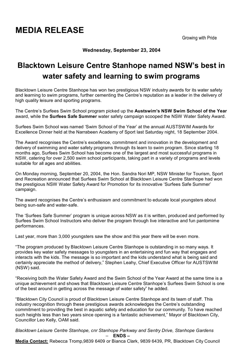 Blacktown Leisure Centre, Stanhope Gardens Awards, 2004