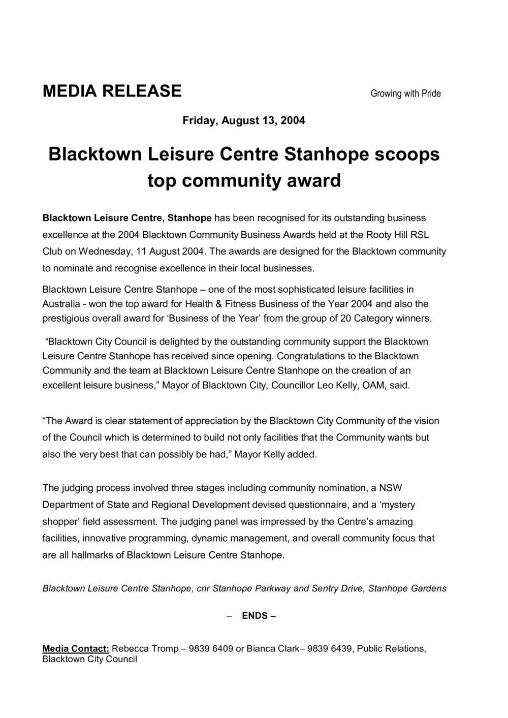 Blacktown Leisure Centre Stanhope Business of the Year Award, 2004