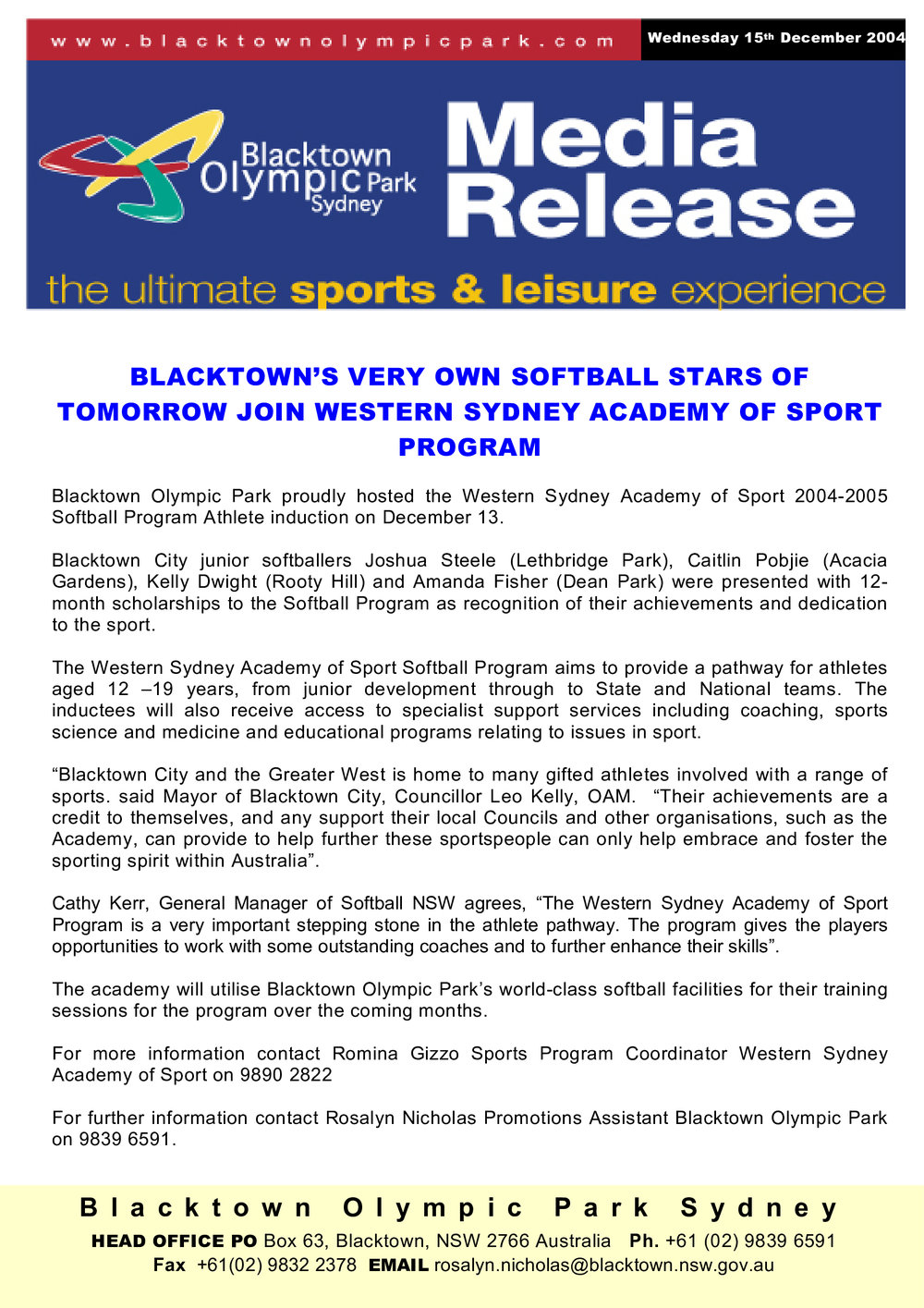 Western Sydney Academy of Sport Scholarships for 2005