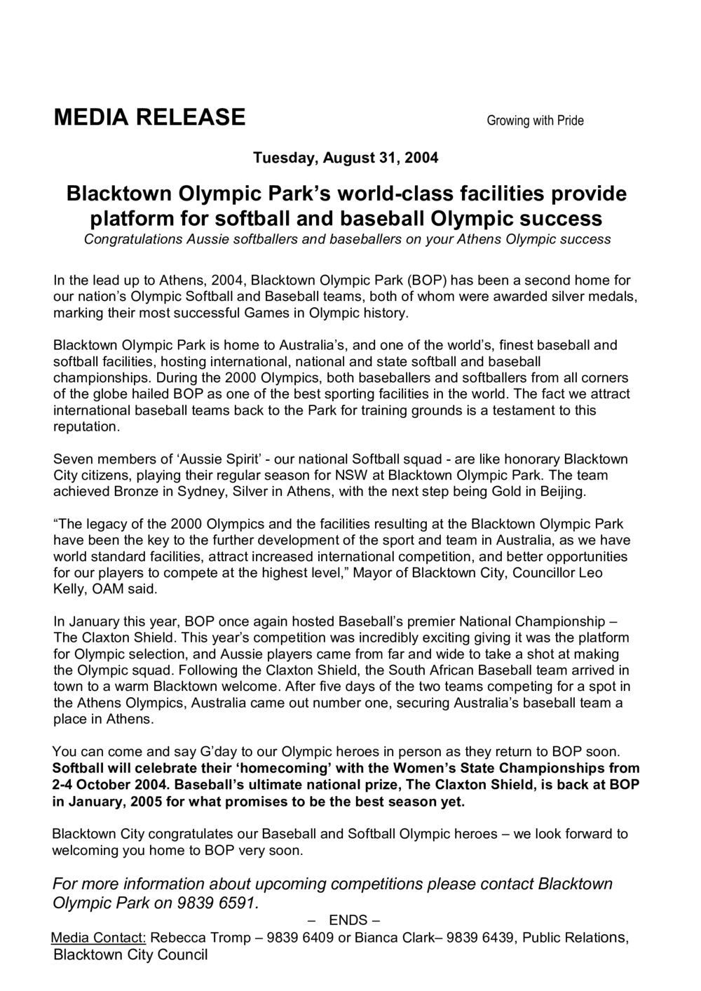 Blacktown Olympic Park's World Class Facilities Provide Platform for Softball/Basball Olympic success, 2004