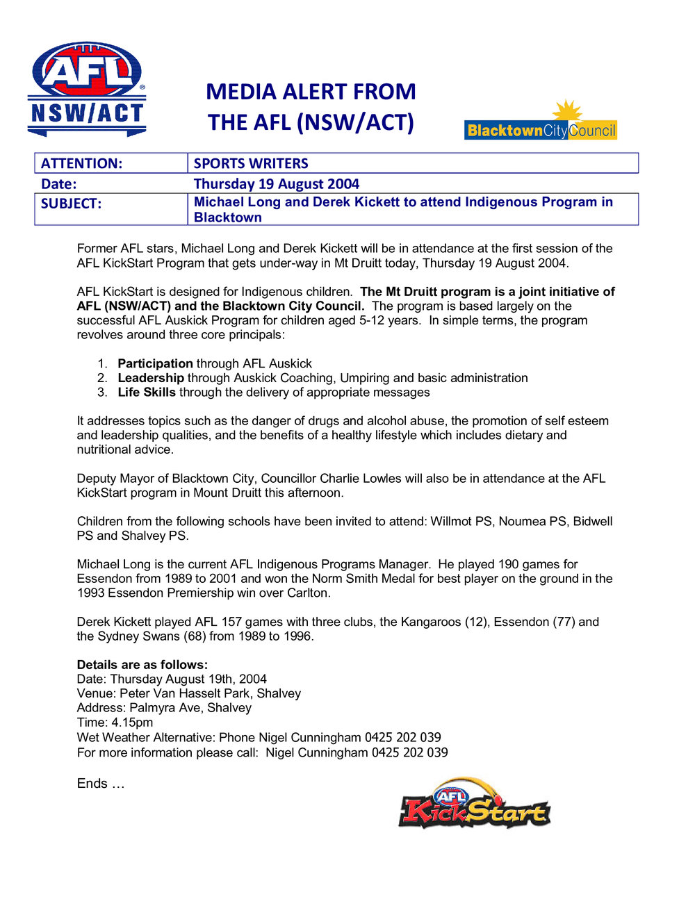 AFL Kickstart Program Mount Druitt, 2004