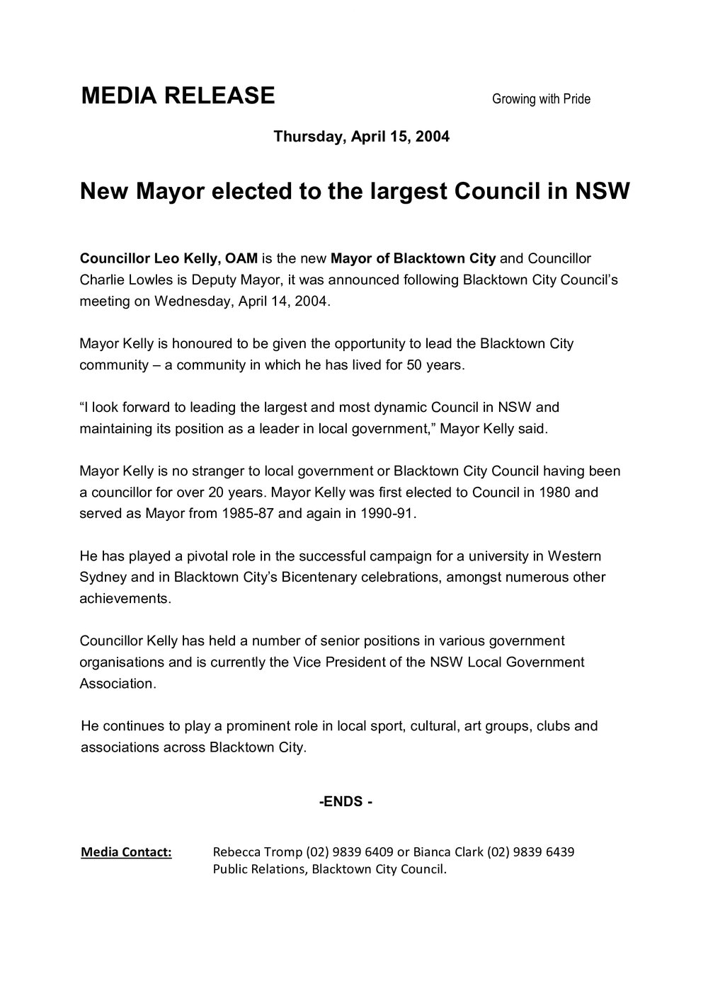 Leo Kelly elected Blacktown City Mayor, 2004