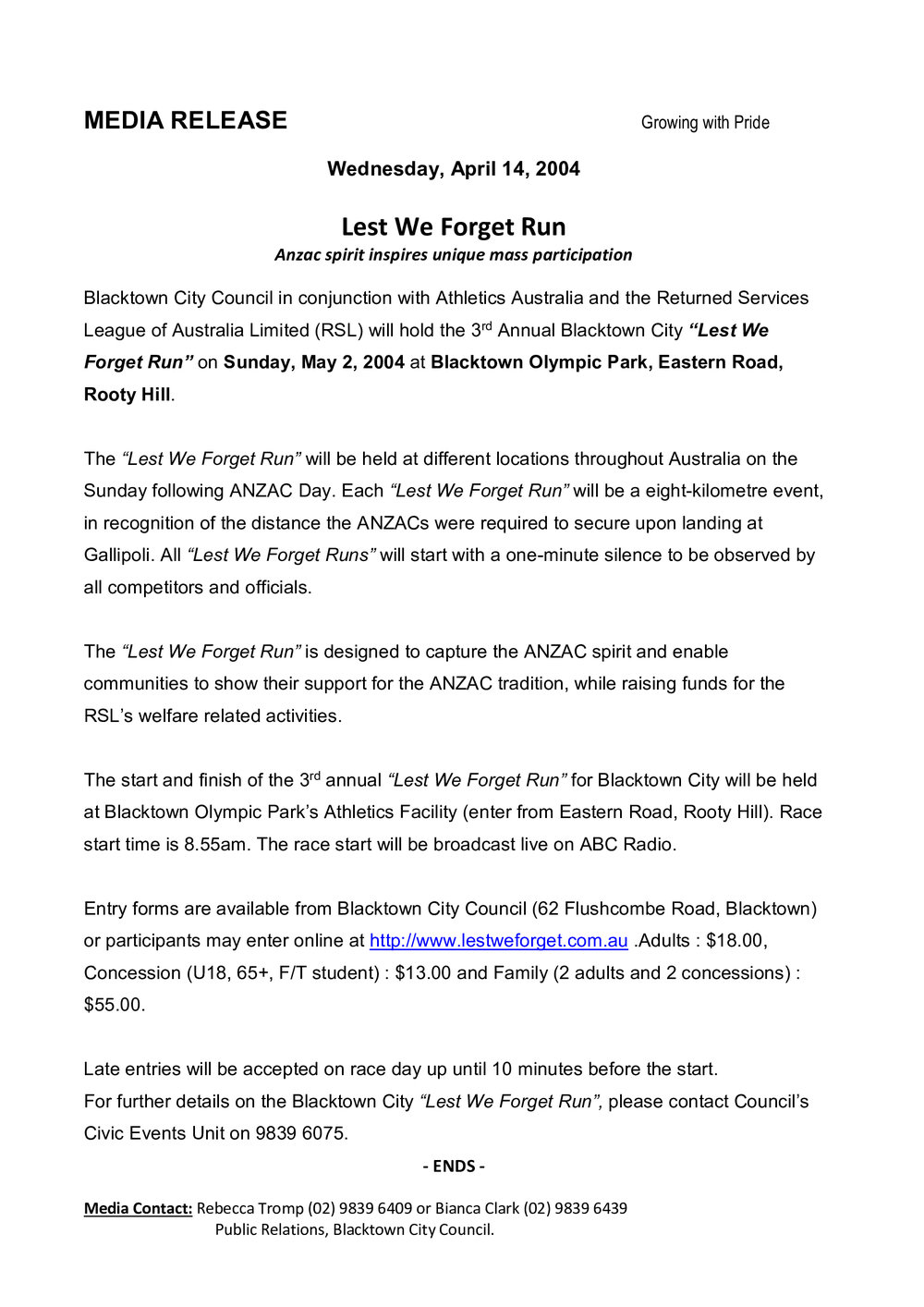 Lest We Forget Run, 2004