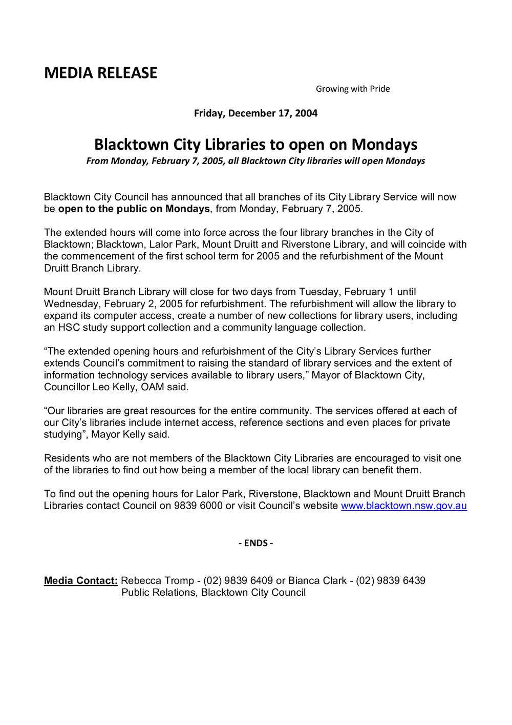Blacktown City Libraries to open on Mondays, 2004