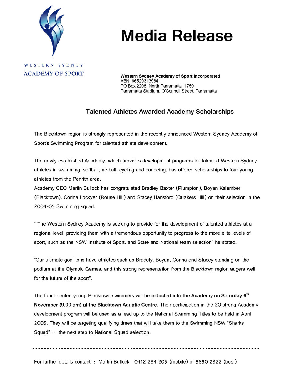 Western Sydney Academy of Sport Scholarships, 2004