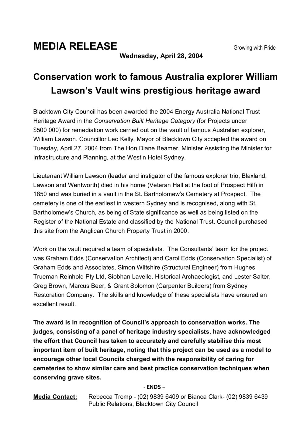 Heritage award for William Lawson Vault