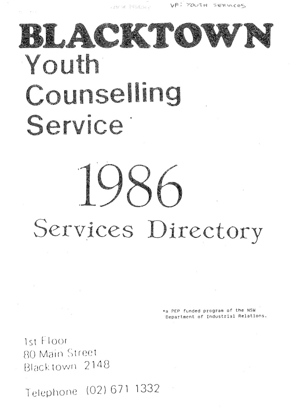 Blacktown Youth Counselling Service services directory, 1986 