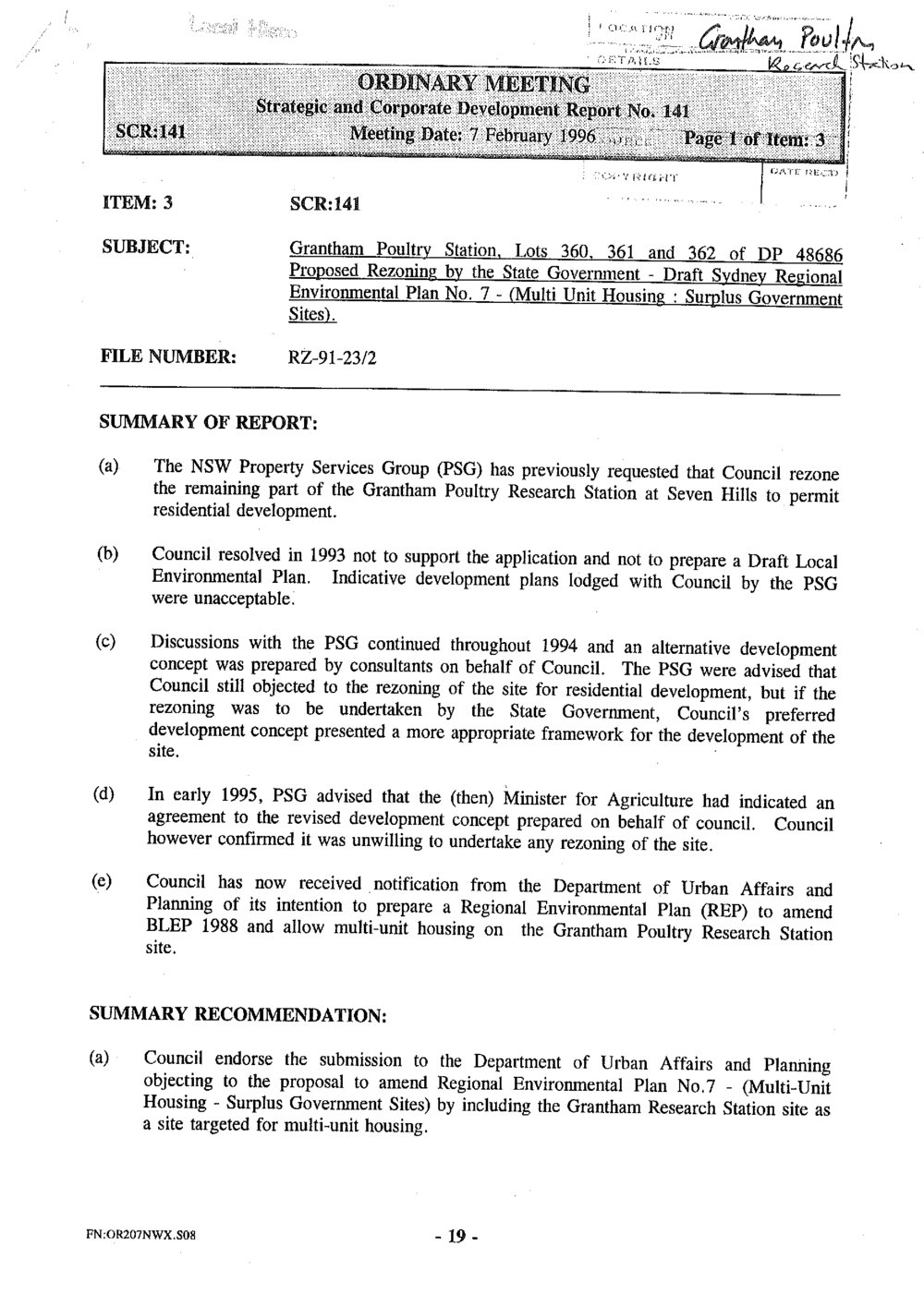 Grantham Poultry Farm, proposed rezoning, 1996