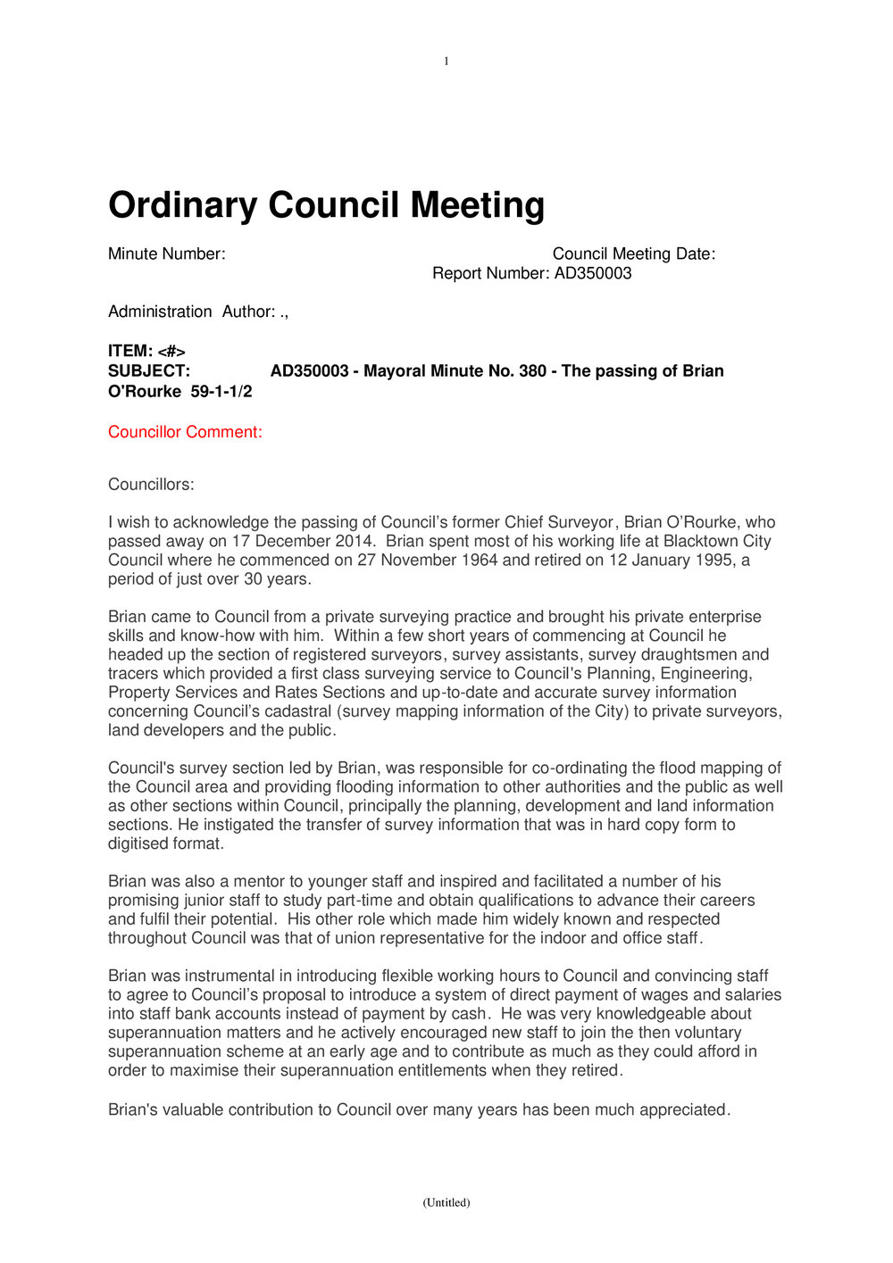 Brian O'Rourke (Mayoral Minute No 380)