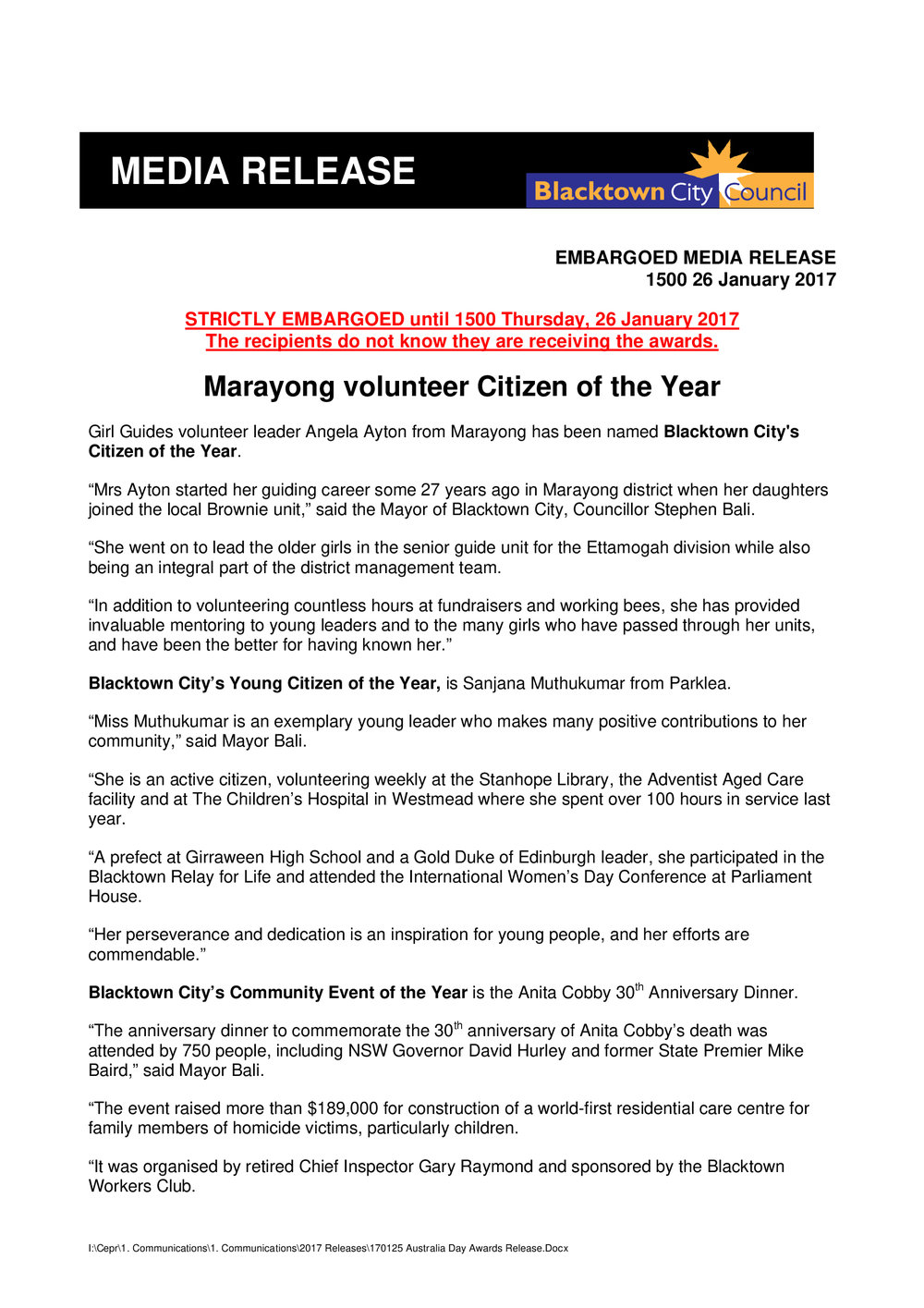 Blacktown City Council Citizen of the Year, 2017