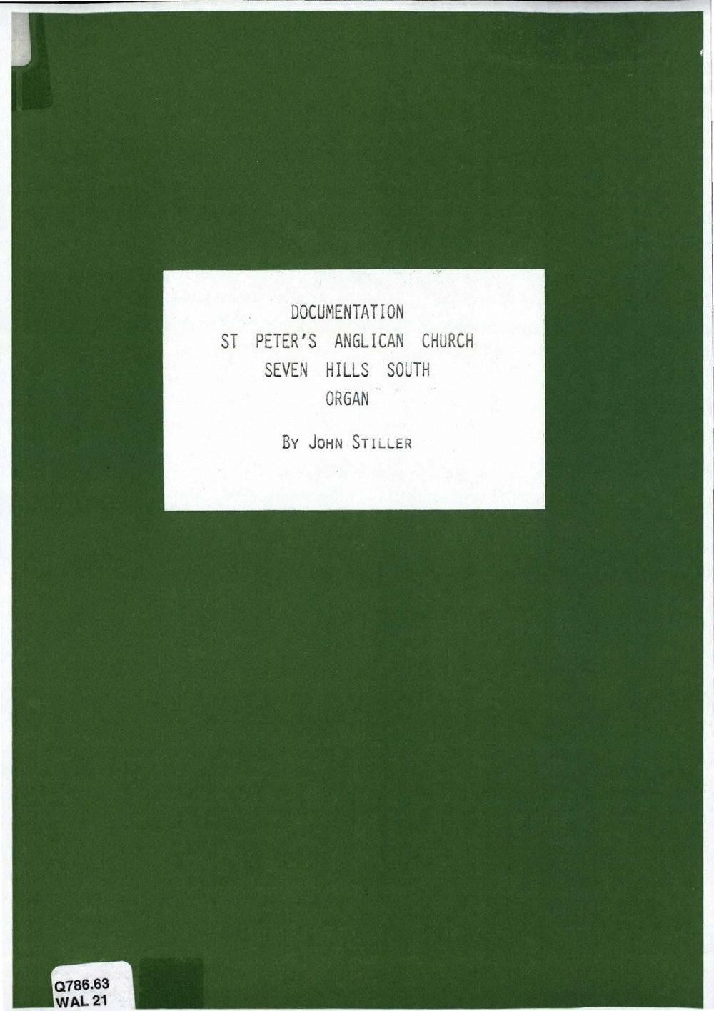 St Peter's Anglican Church, Seven Hills South Organ documentation, 1985