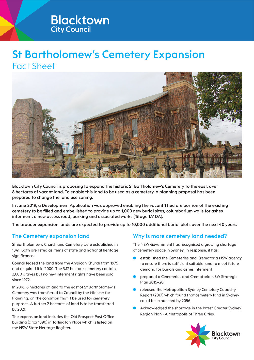 St Bartholomew's Cemetery Expansion, fact sheet, 2019