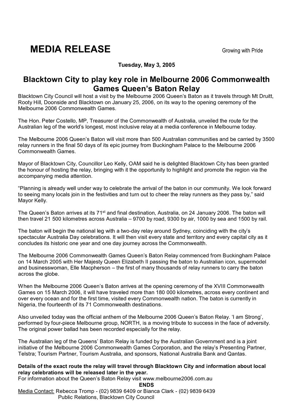 Melbourne 2006 Commonwealth Games Queens Baton Relay, 2005