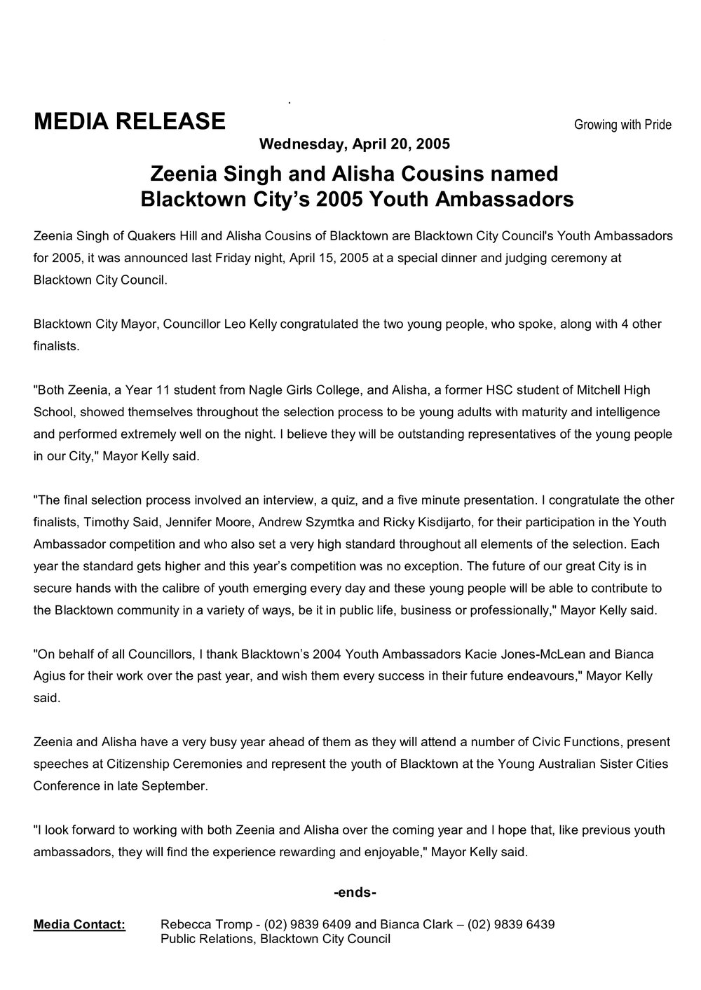 Blacktown City Youth Ambassadors, 2005