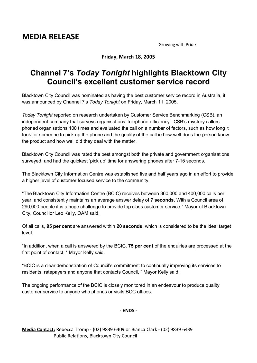 Blacktown City Council - Best customer service nomination, 2005