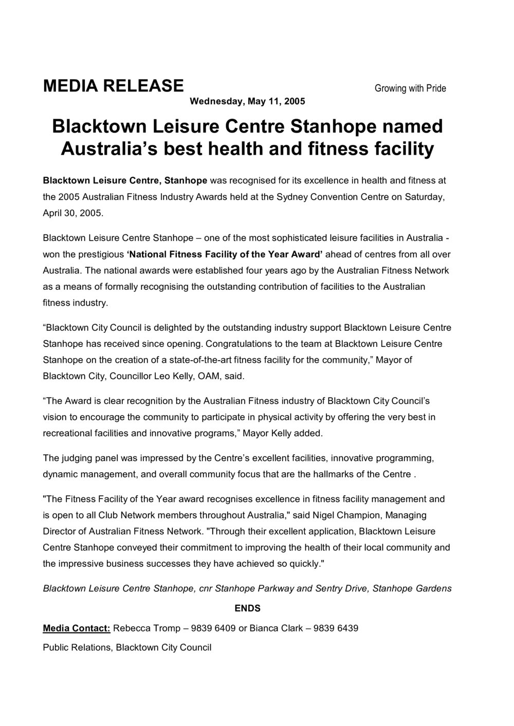 Blacktown Leisure Centre, Stanhope Australia's Best Health and Fitness facility, 2005