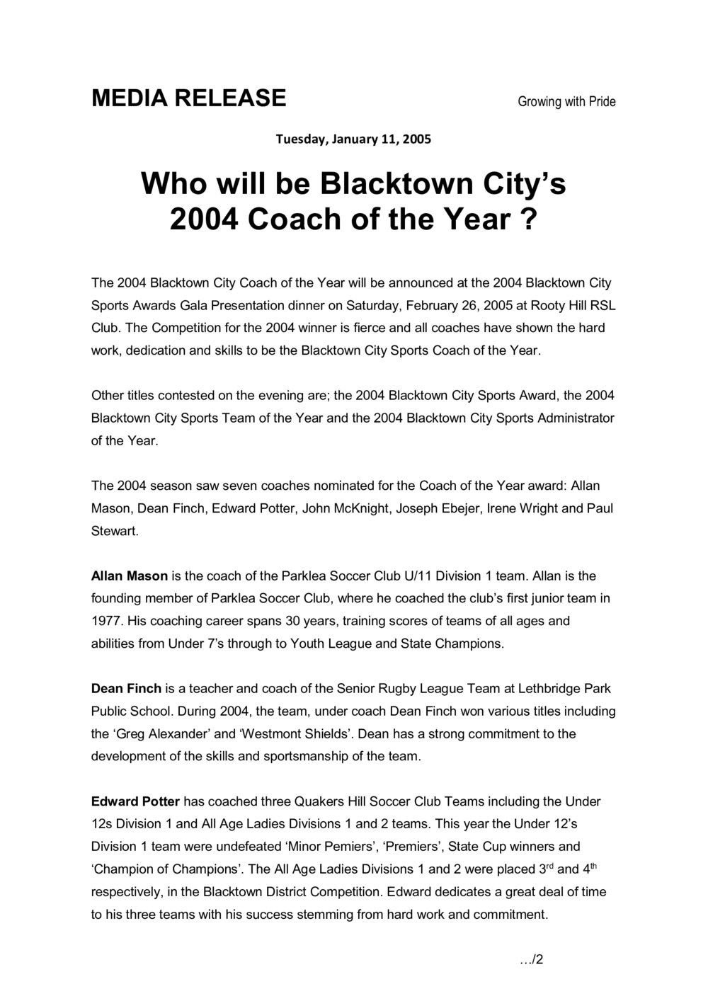 Blacktown City Coach Nominees of the Year, 2004