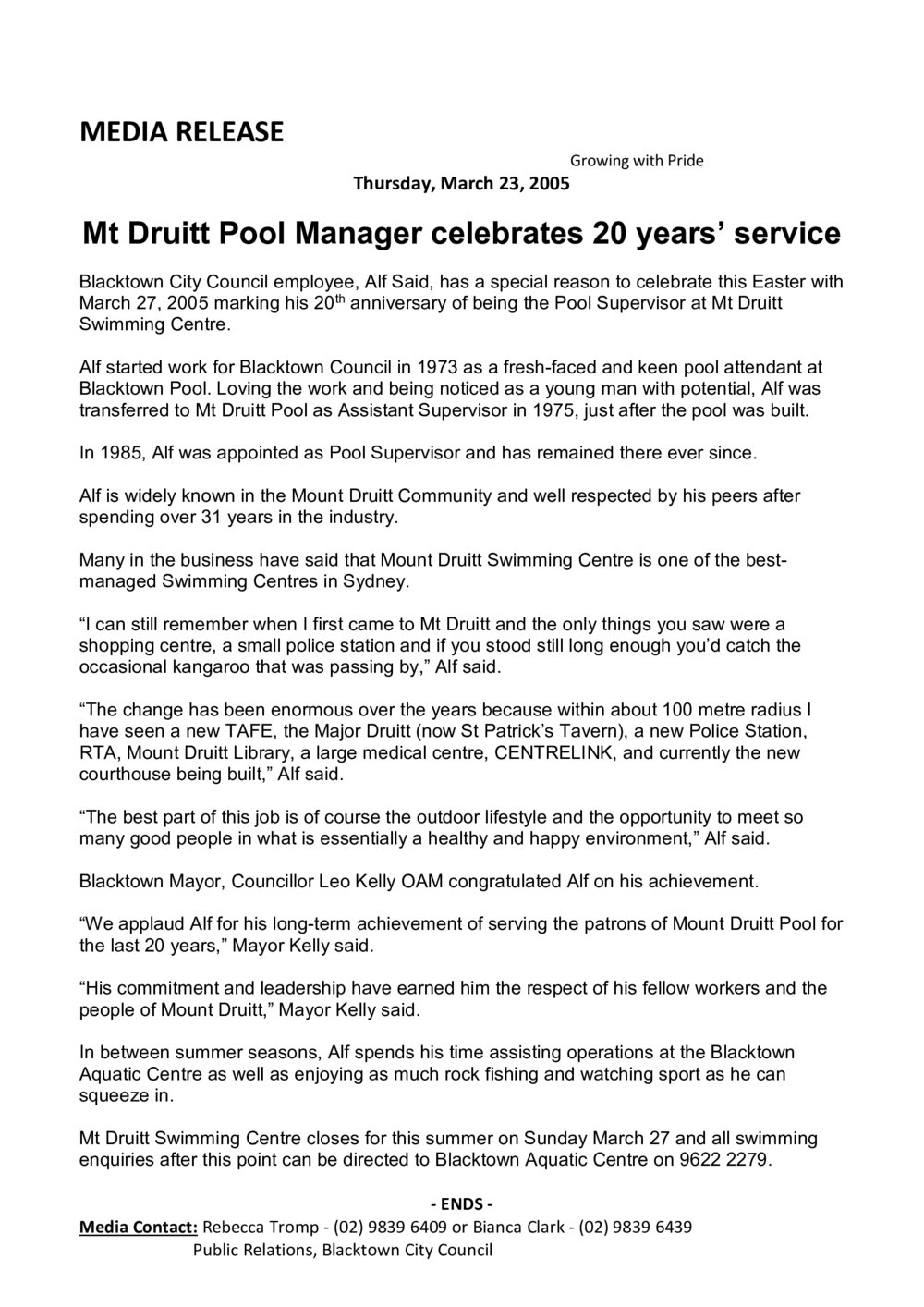 Mount Druitt Pool Manager celebrates 20 years service