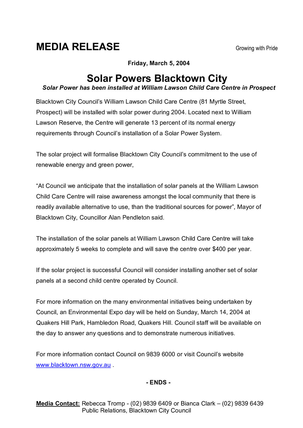 Solar Power at William Lawson Child Centre Prospect, 2004