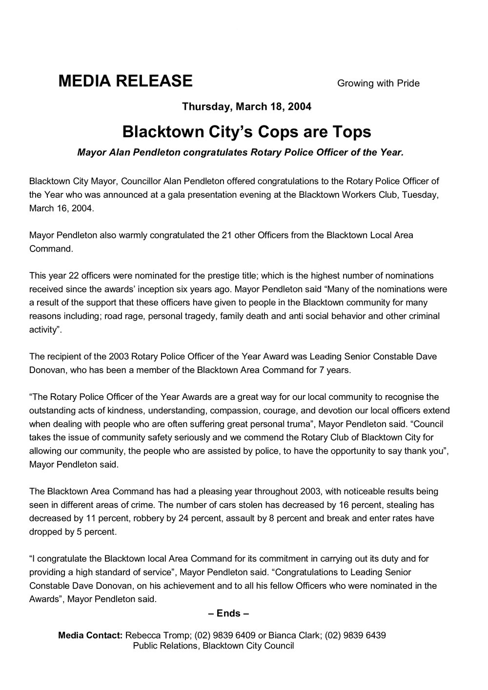 Police Officer of the Year, 2003