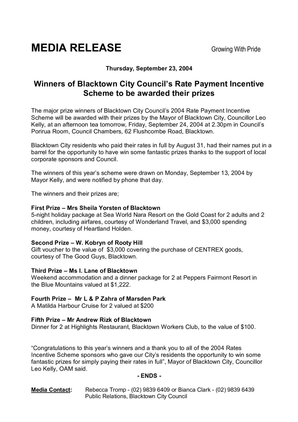 Blacktown City Council Rates Incentive Scheme Winners, 2004