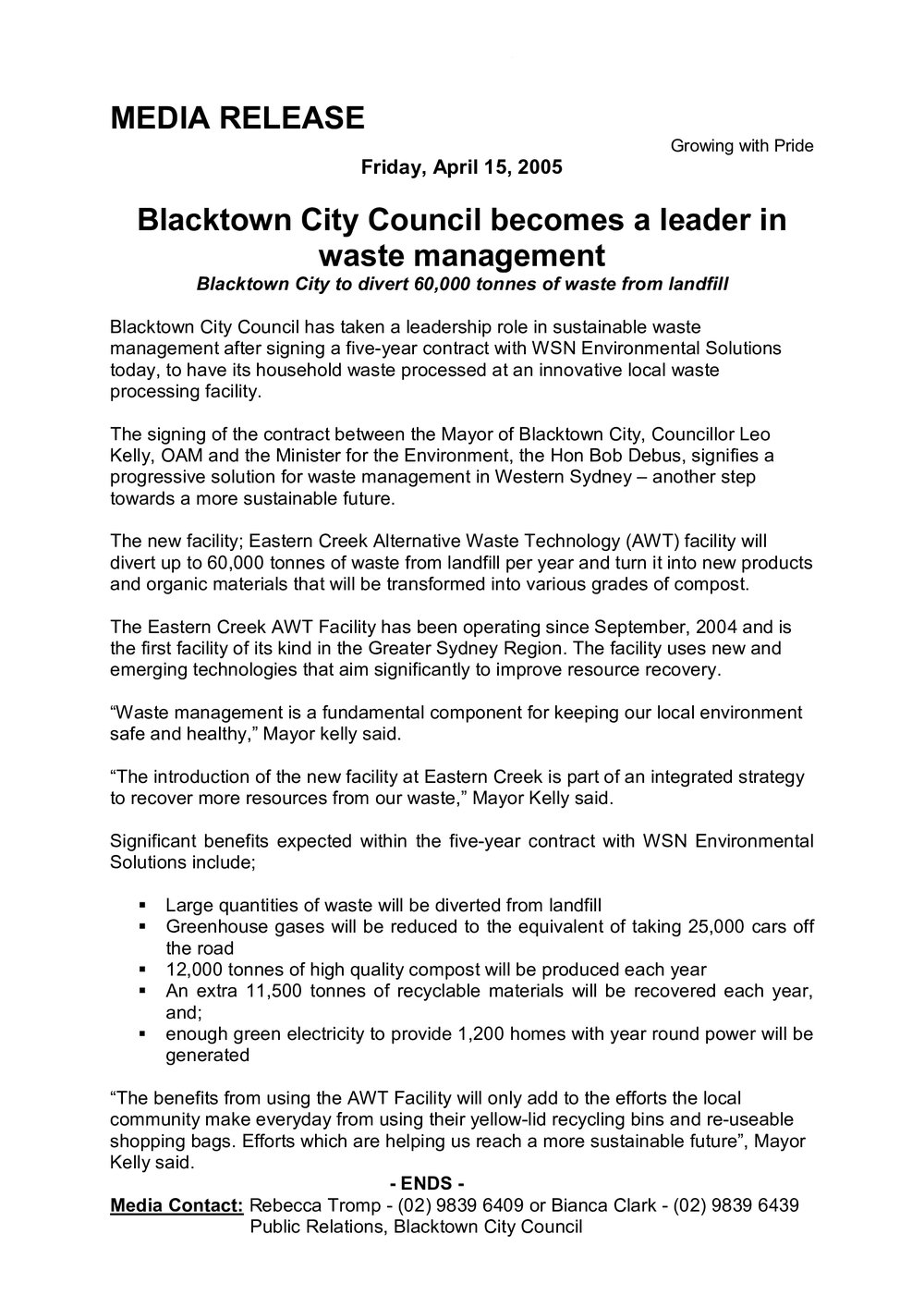 Blacktown City becomes a leader in Waste Management, 2005