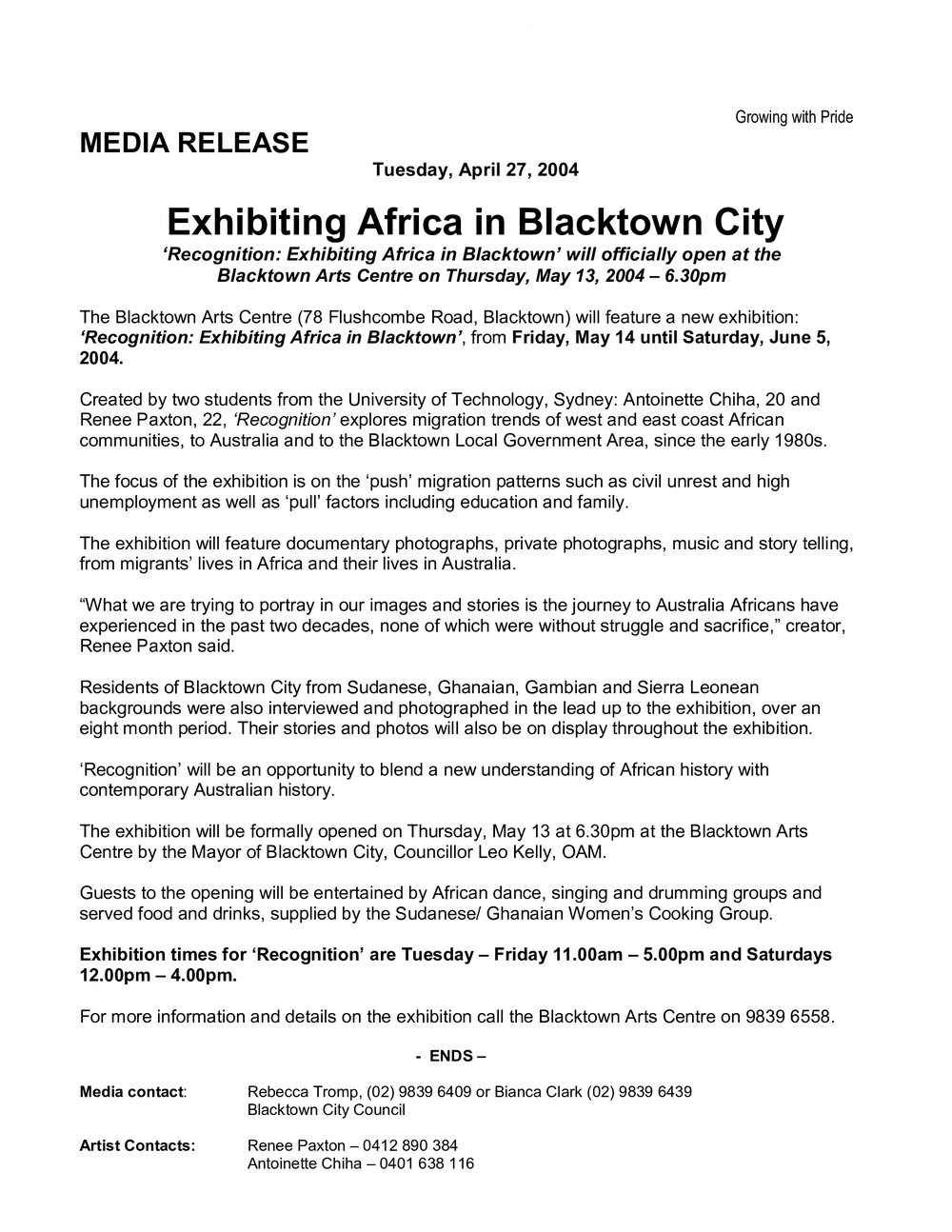 Recognition: Exhibiting Africa in Blacktown City, 2004